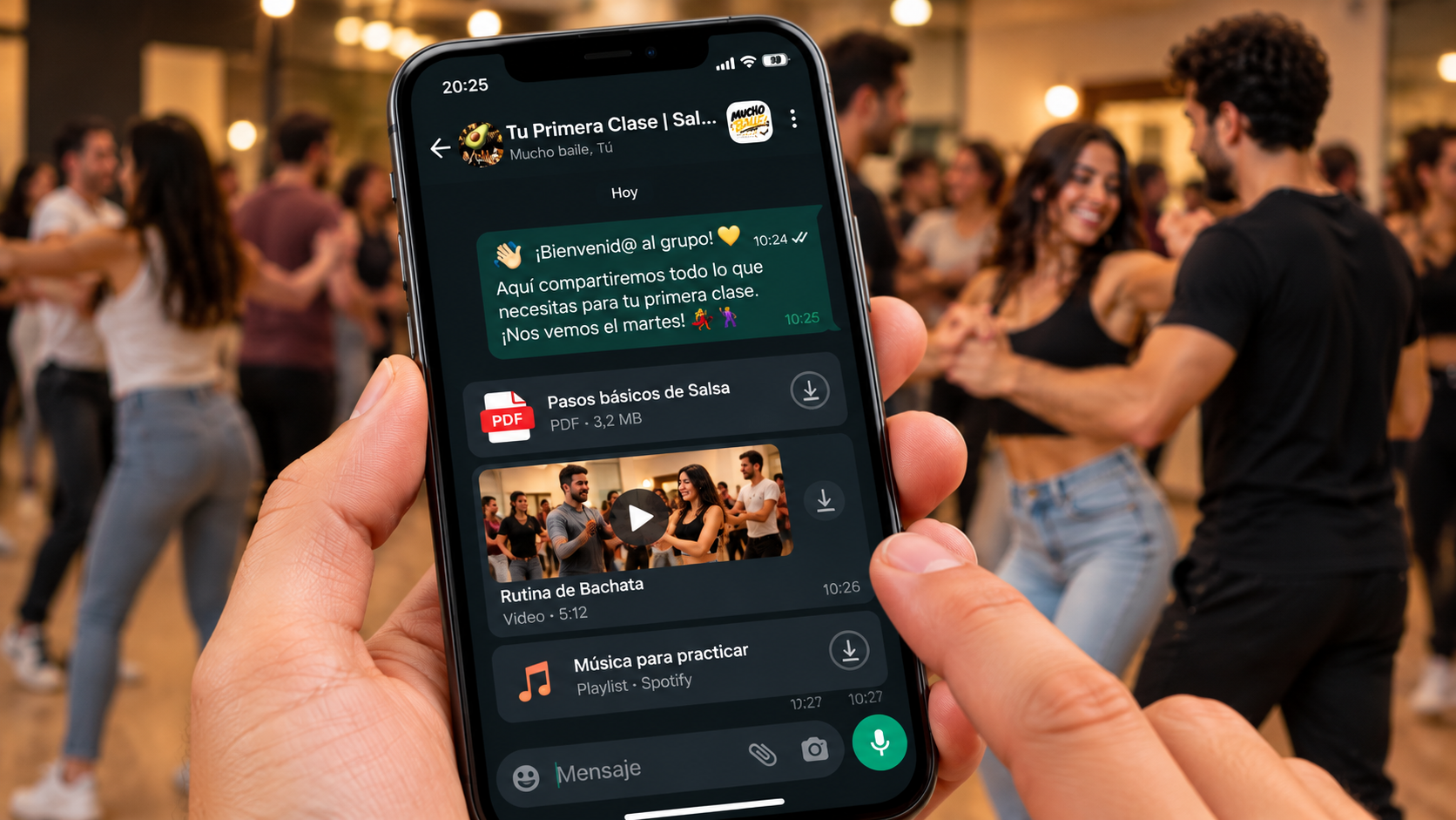 Grupo privado de WhatsApp de Mucho Baile con el mensaje de bienvenida, PDF de pasos básicos, vídeo de rutina de Bachata y música para practicar